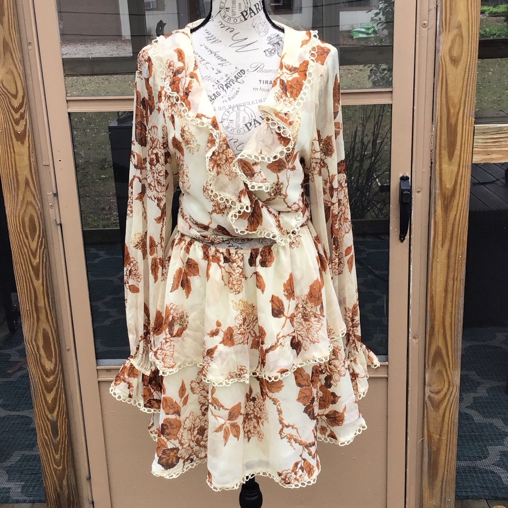 ASOS Design Cream and Brown Floral Backless Long Sleeve Dress